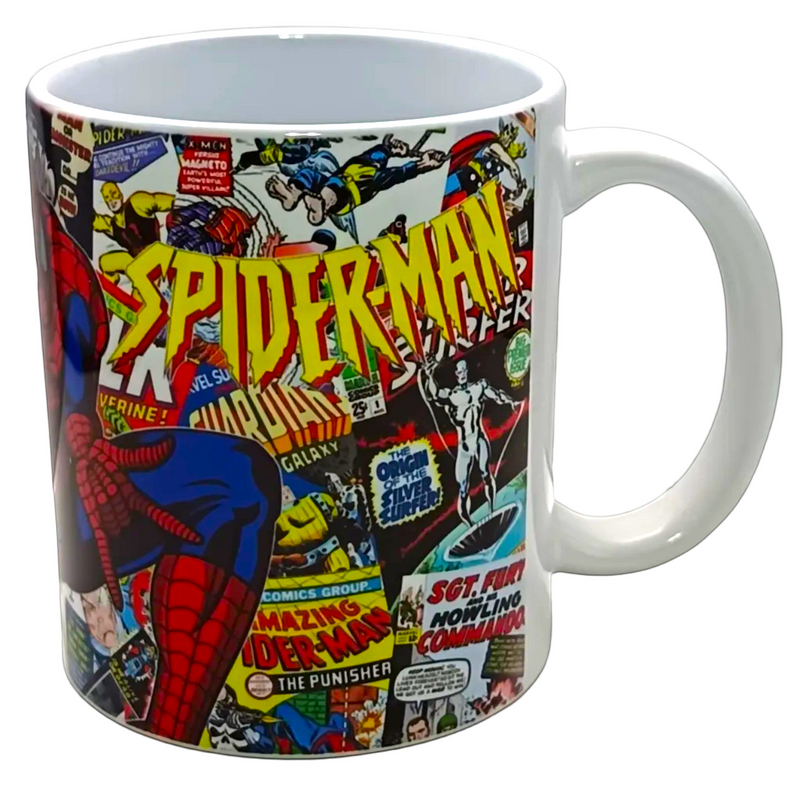 A white ceramic coffee mug featuring a colorful collage of classic Spider-Man comic book covers and panels, with the word 'SPIDER-MAN' in large yellow letters on the front.