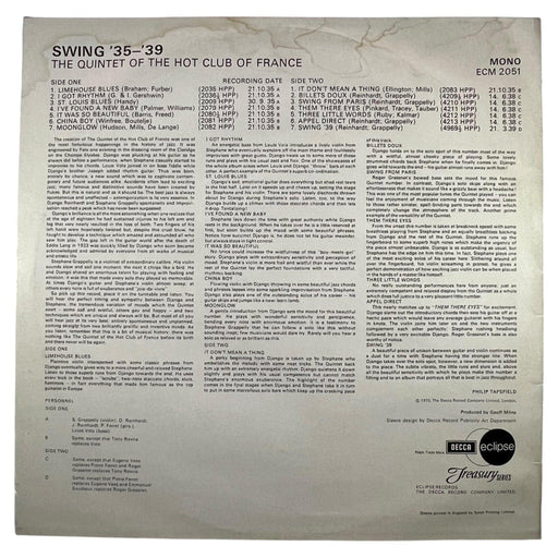 The Quintet Of The Hot Club Of France: Swing '35 - '39 [Preowned Vinyl] VG/VG - DD Music Geek