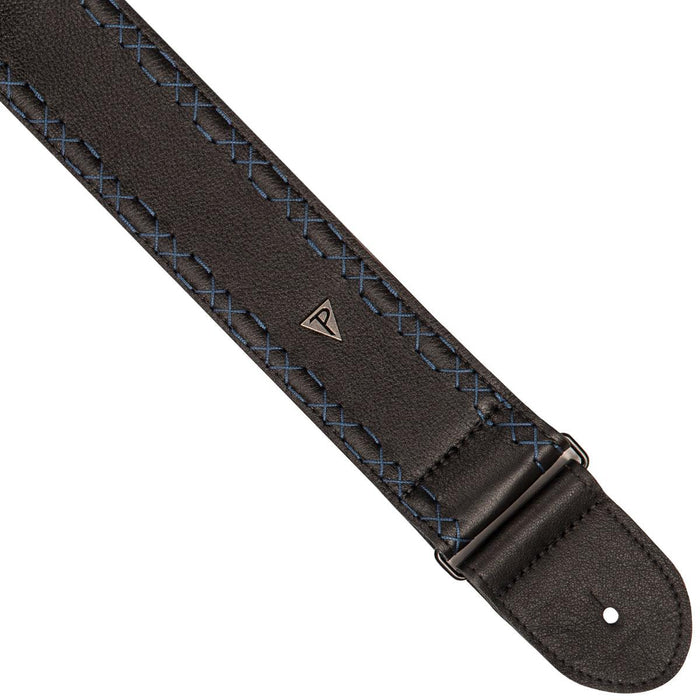 Perri's Soft Glove Leather 2.5" Guitar Strap ~ Black with Blue Stitch - DD Music Geek