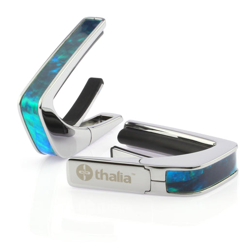 Thalia Exotic Series Shell Collection Capo ~ Chrome with Teal Angel Wing Inlay - DD Music Geek