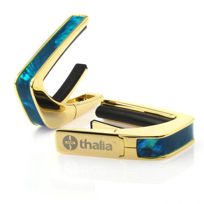 Thalia Exotic Series Shell Collection Capo ~ Gold with Teal Angel Wing Inlay - DD Music Geek