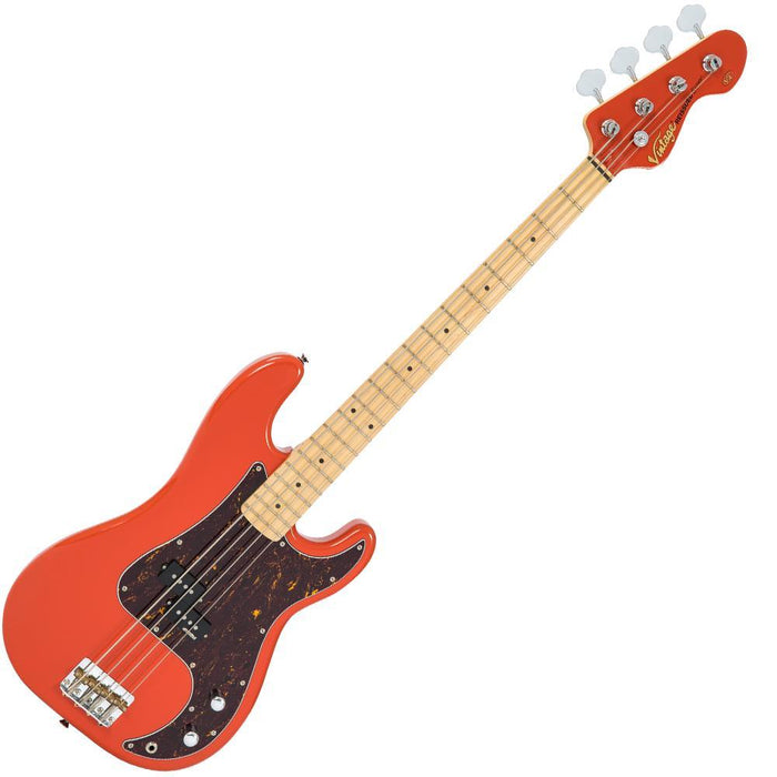 Vintage V4 ReIssued Maple Fingerboard Bass Guitar ~ Firenza Red - DD Music Geek