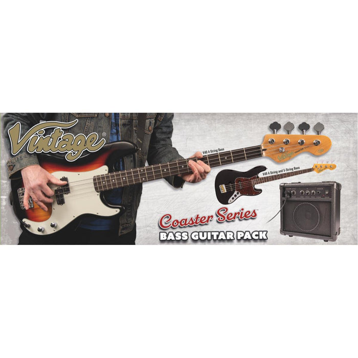 Vintage V495 Coaster Series 5-String Bass Guitar Pack ~ 3 Tone Sunburst - DD Music Geek
