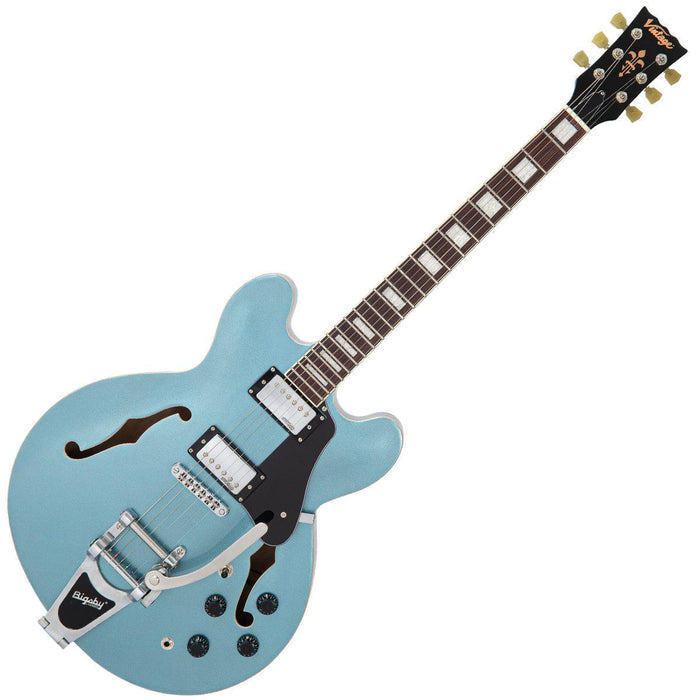 Vintage VSA500B ReIssued Semi Acoustic Guitar w/Bigsby ~ Gun Hill Blue - DD Music Geek